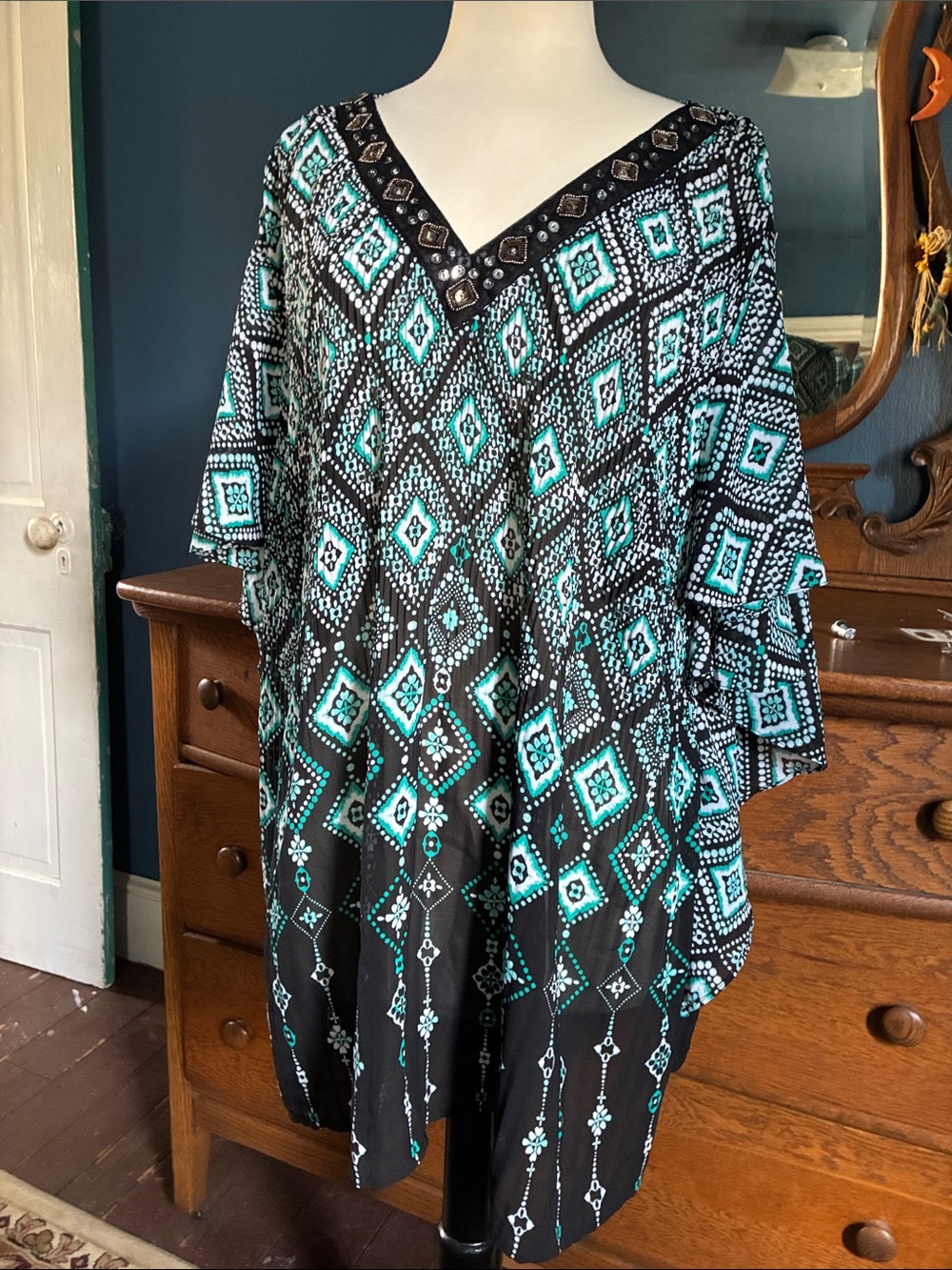 Catherines Swim Coverup Black & Teal Geometric V-Neck Tunic